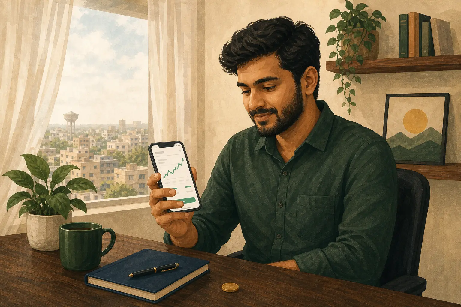 A first-time investor looking at a generic investing app on a phone beside a city window.